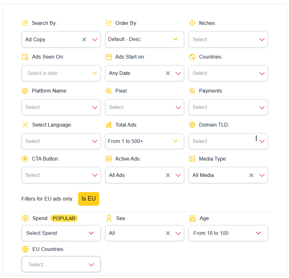 Filter By: Advanced filtering capabilities for ad intelligence